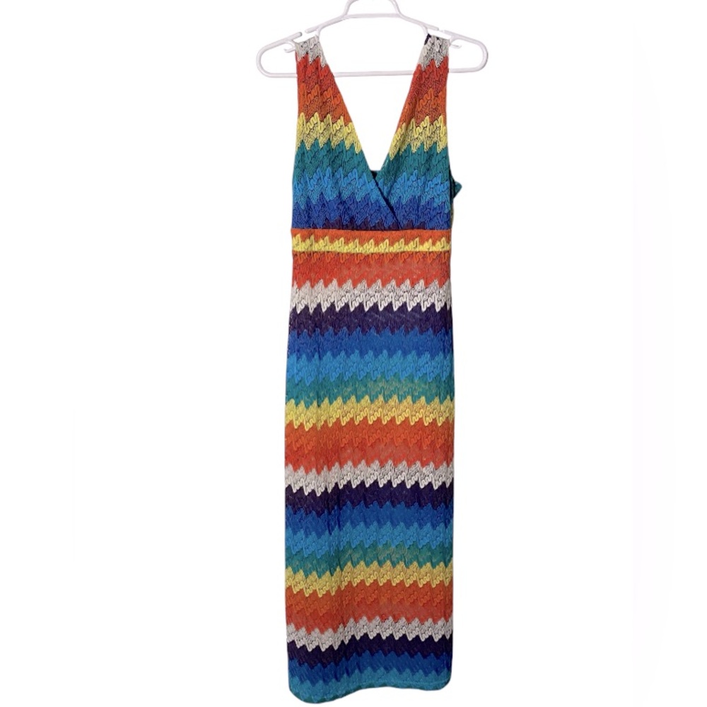 Vintage The Pyramid Collection Rainbow Maxi Dress Wrap Top Sleeveless V Medium